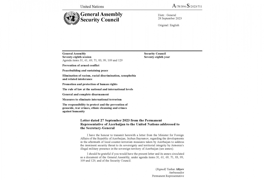 Azerbaijani FM’s letter to UN Secretary-General circulated as document of UN Security Council and General Assembly