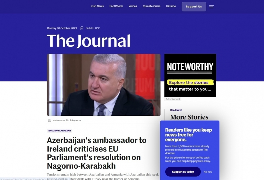 Irish media: Azerbaijan's ambassador to Ireland criticizes EU Parliament's resolution on Karabakh