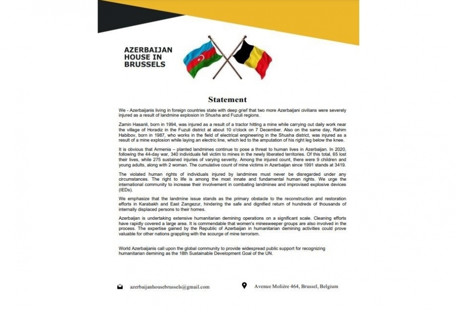 Azerbaijan House in Brussels issues statement on Armenia’s landmine terror in liberated territories