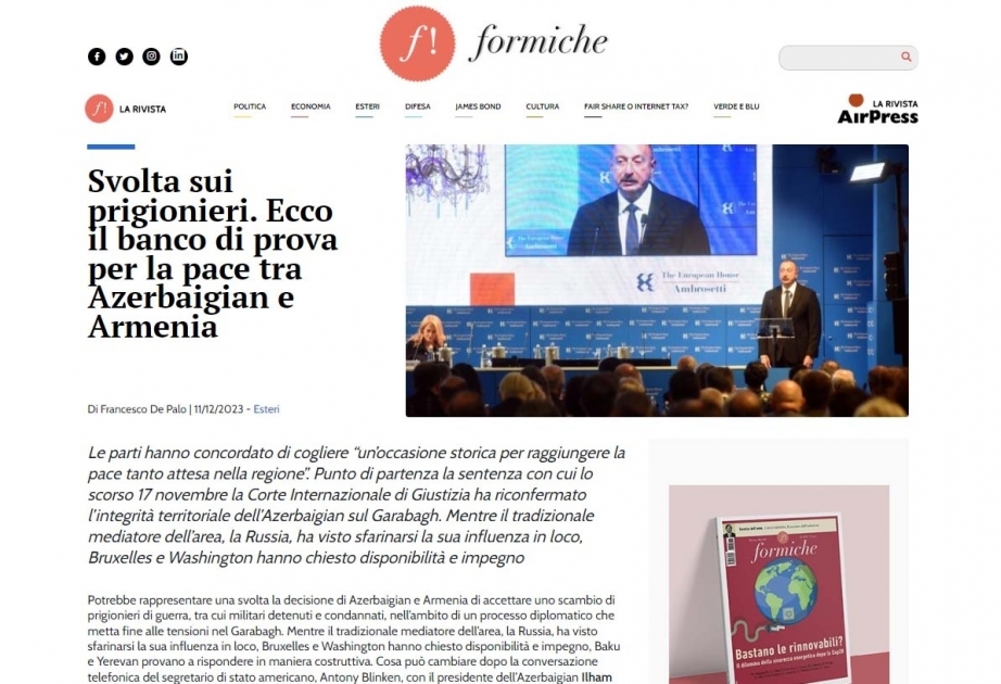 Italian newspaper highlights steps taken by Azerbaijan and Armenia in signing of peace treaty