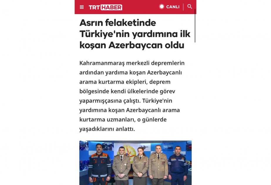 Əsrin fəlakətində Türkiyənin yardımına ilk gələn Azərbaycan oldu