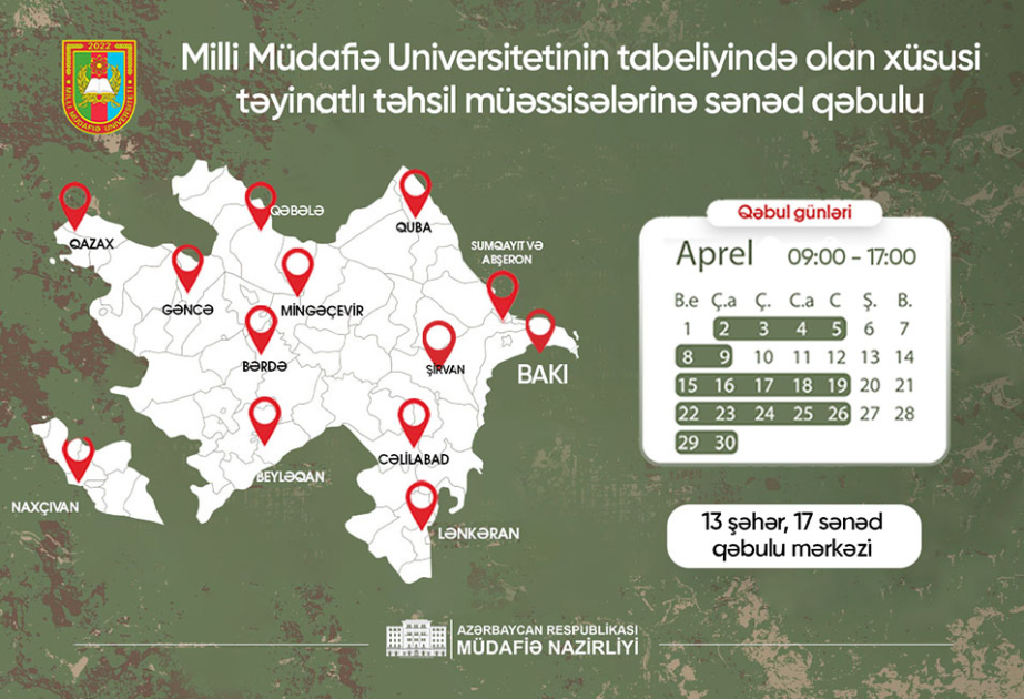 Milli Müdafiə Universiteti tabeliyində fəaliyyət göstərən xüsusi təyinatlı təhsil müəssisələrinə sənəd qəbulunun vaxtı uzadılıb