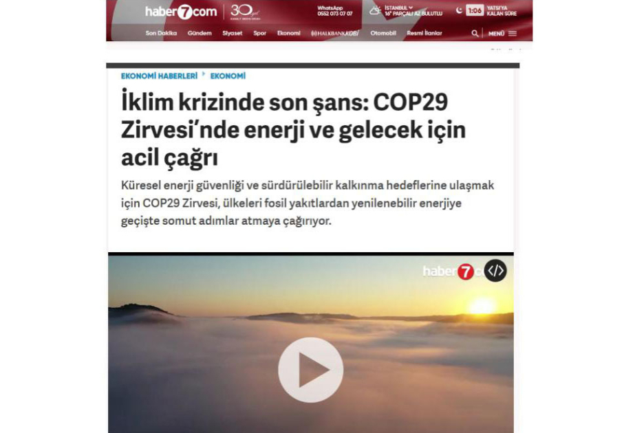 Haber7 telekanalı: COP29 iqlim böhranının həlli üçün son şansdır