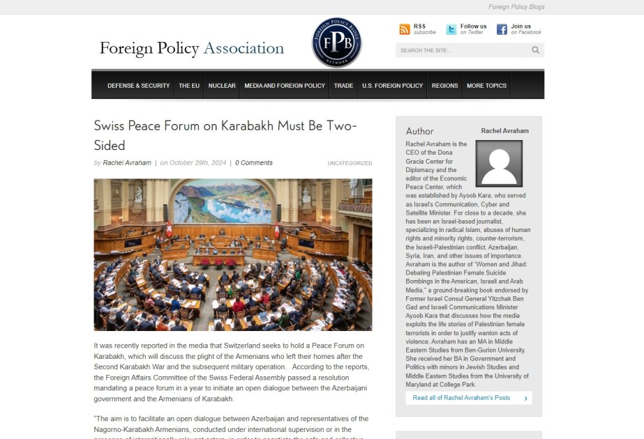 US Foreign Policy Association: Swiss Peace Forum on Karabakh must be two-sided