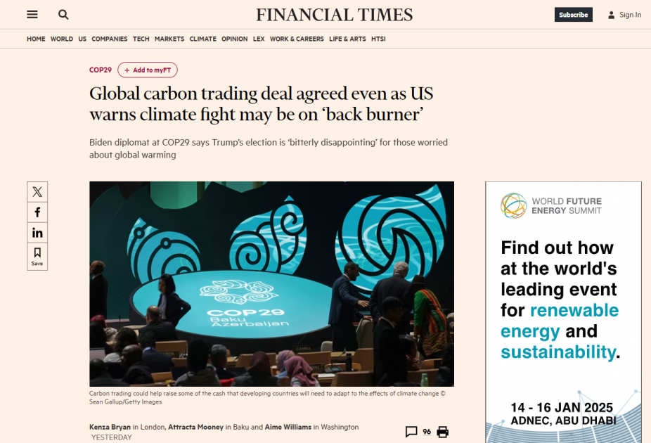 “Financial Times”: COP29-un ilk günü Azərbaycan üçün qalibiyyətlə başa çatdı