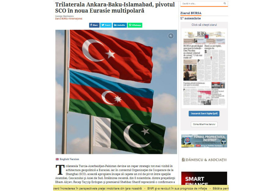 Rumıniyalı analitik:Ankara-Bakı-İslamabad əməkdaşlığı yeni çoxtərəfli Avrasiya arxitekturasının strateji dayağıdır