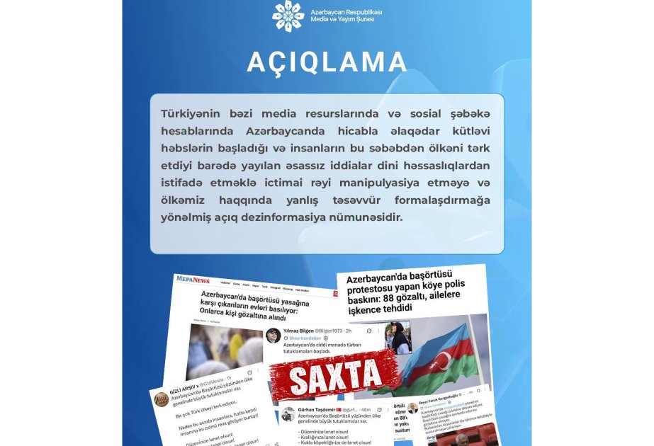 Media və Yayım Şurası: Azərbaycanda hicabla əlaqədar kütləvi həbslər barədə məlumatlar dezinformasiyadır