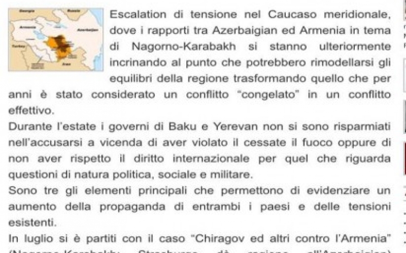 İtaliyanın “Notizie Geopolitiche” xəbər portalı Ermənistan-Azərbaycan, Dağlıq Qarabağ münaqişəsini təhlil edib