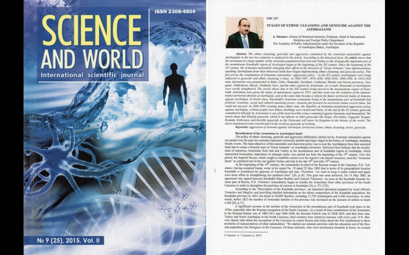 Professor Əli Həsənovun elmi məqaləsi Rusiyanın nüfuzlu “Science and world” jurnalında dərc edilib