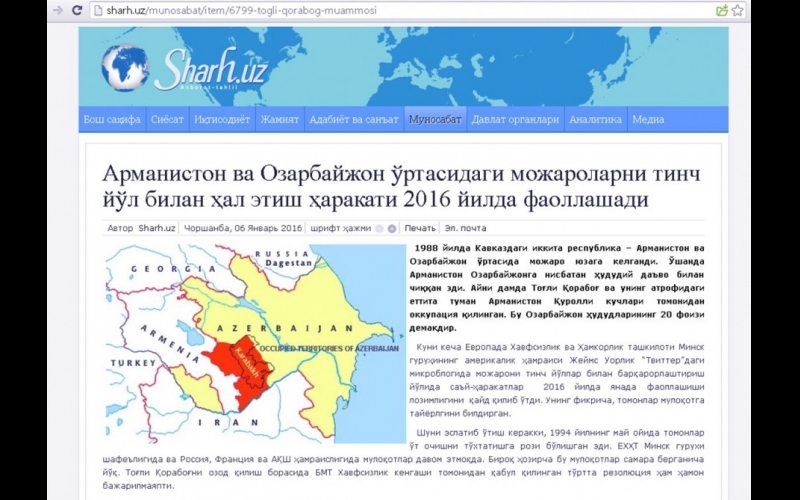 Uzbek news portal publishes article highlighting Nagorno-Karabakh conflict