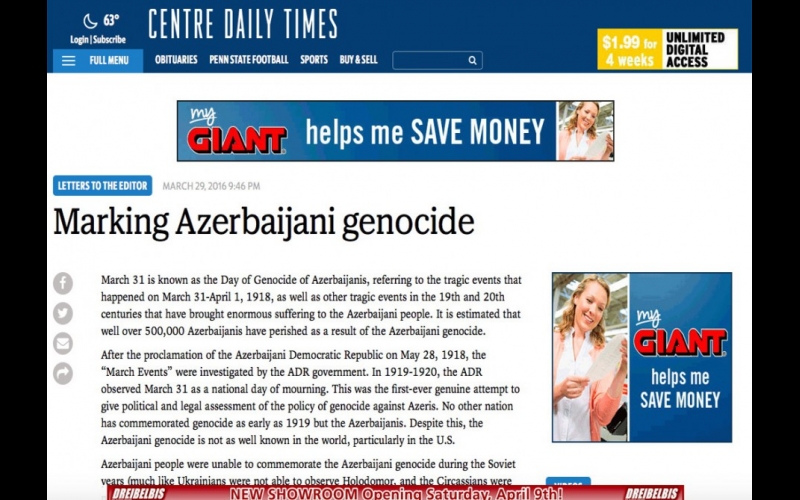 Centre Daily Times newspaper: Marking Azerbaijani genocide