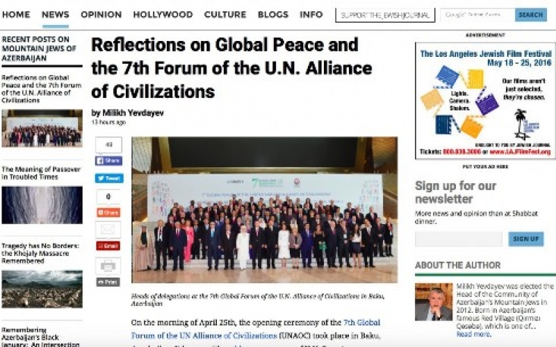 Jewish Journal issues article on 7th Global Forum of UN Alliance of Civilizations