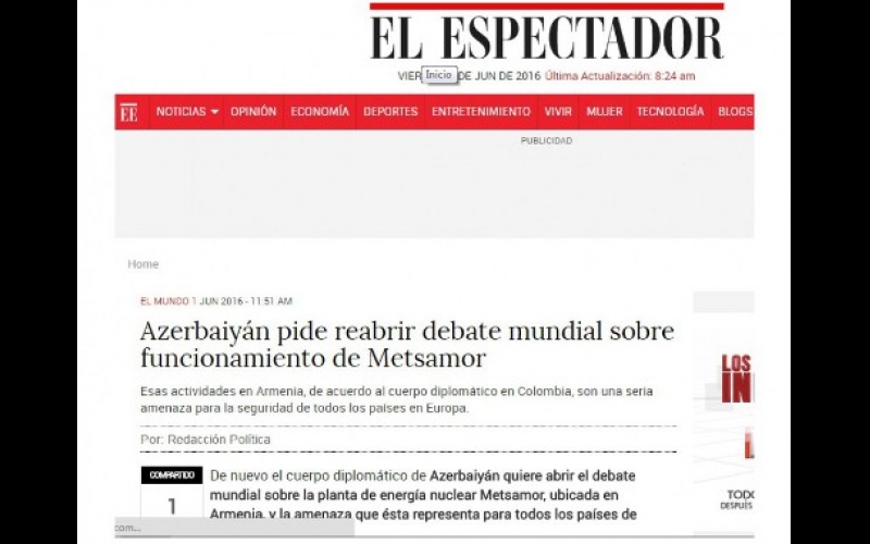 Colombian newspaper points out global threat posed by Metsamor NPP