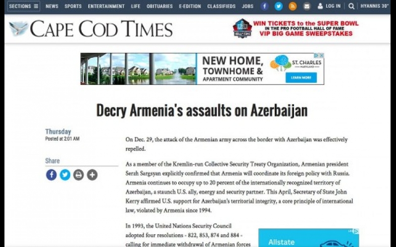 US Cape Cod Times: Decry Armenia's assaults on Azerbaijan