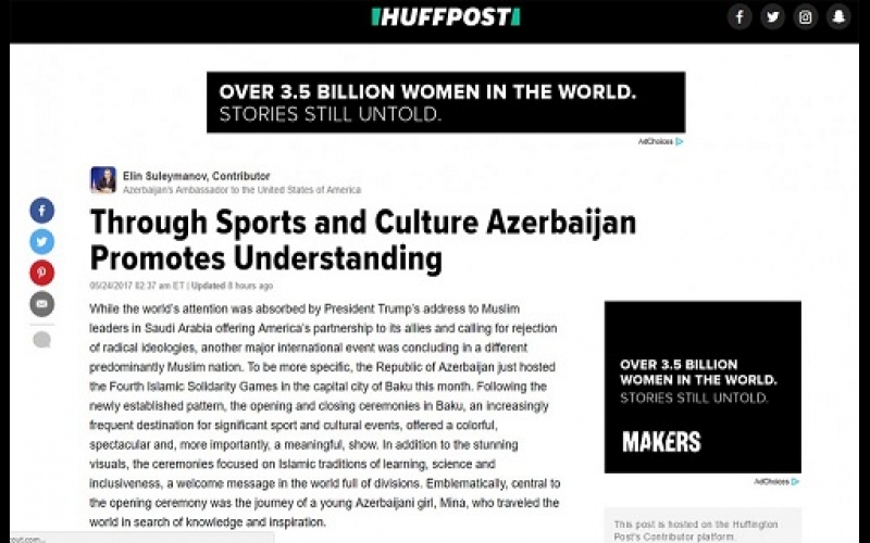 “Huffington Post” qəzeti: “Azərbaycan idman və mədəniyyət vasitəsilə qarşılıqlı anlaşmanı təşviq edir”