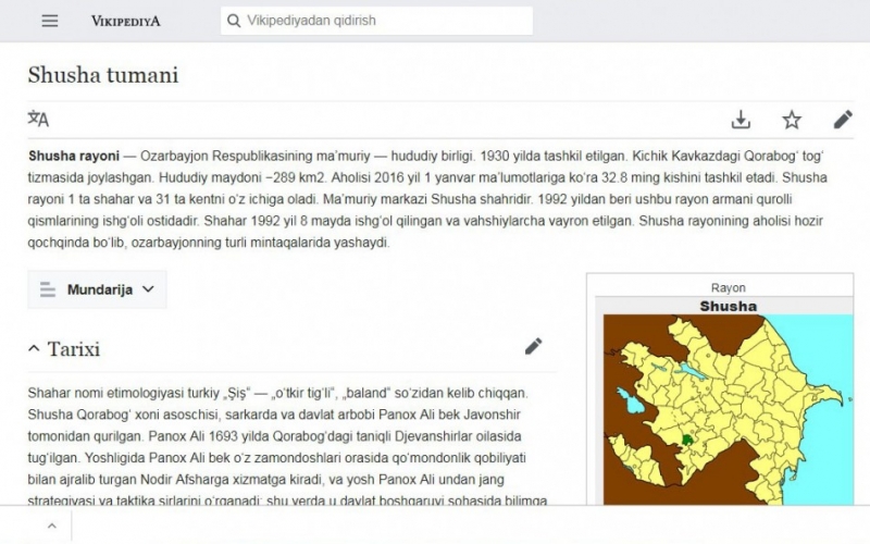 “Wikipedia”da Şuşa haqqında əcnəbi dildə bölmə istifadəyə verilib