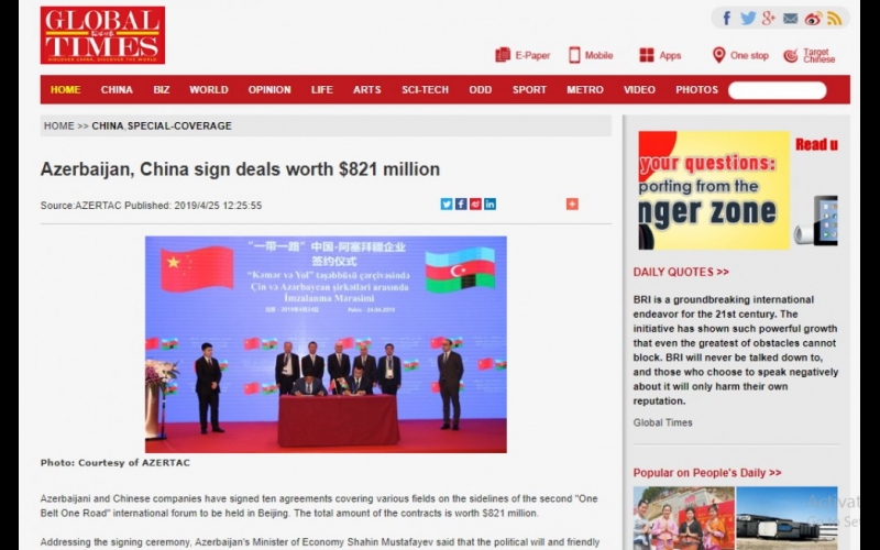 China’s The Global Times newspaper starts republishing AZERTAC`s news stories