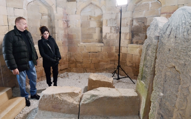 President Ilham Aliyev and first lady Mehriban Aliyeva viewed landscaping work carried out around Shahkhandan tomb in Shamakhi