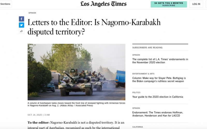 Los Angeles Times publishes Consul General Nasimi Aghayev’s article on Armenia-Azerbaijan conflict