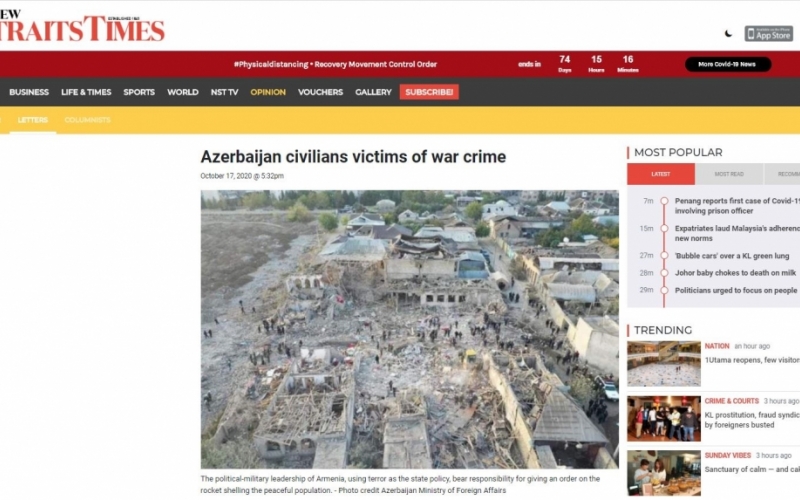 New Straits Times: Azerbaijan civilians victims of war crime