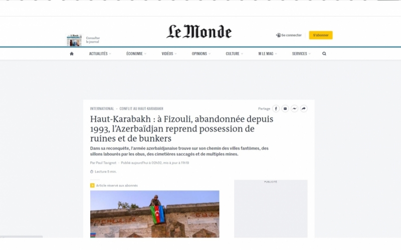 Le journal Le Monde parle des ruines causées par les occupants dans la région azerbaïdjanaise de Fuzouli