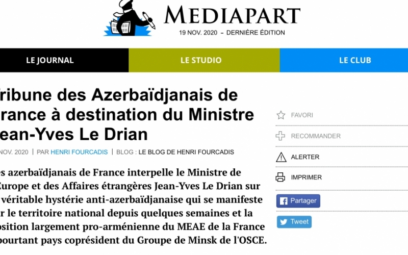 Les Azerbaïdjanais de France adressent un message au ministre français de l’Europe et des Affaires étrangères