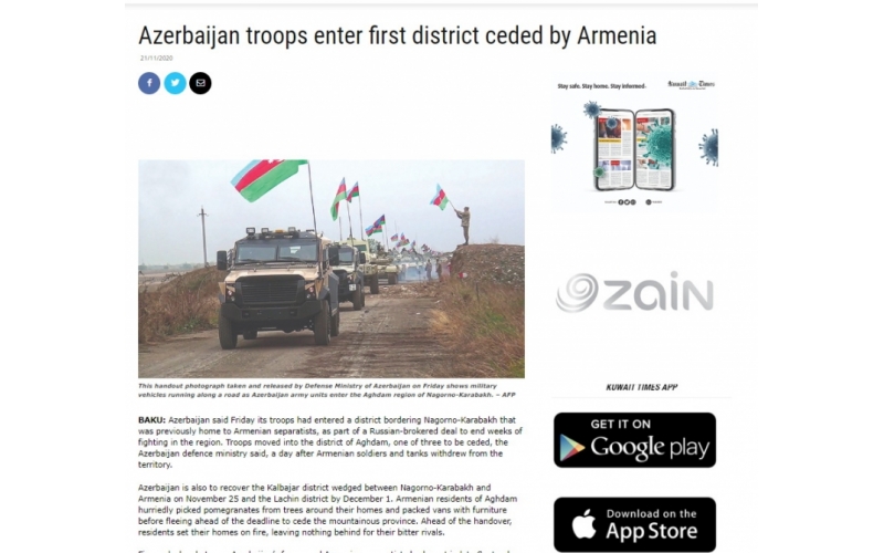 Kuwait Times: Azerbaijan troops enter first district ceded by Armenia