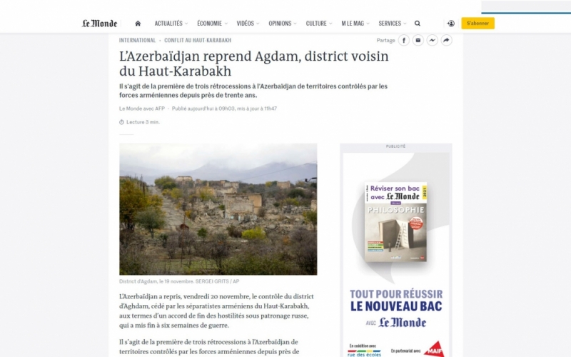 « Le Monde » parle de la libération de la région azerbaïdjanaise d'Aghdam de l'occupation arménienne