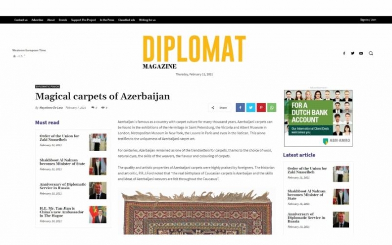 Niderlandın “Diplomat Magazine” jurnalında “Azərbaycanın sehrli xalçaları” sərlövhəli məqalə dərc edilib