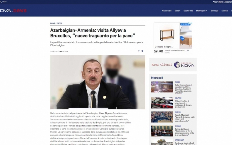 President Ilham Aliyev’s working visit to Brussels in spotlight of Italian media