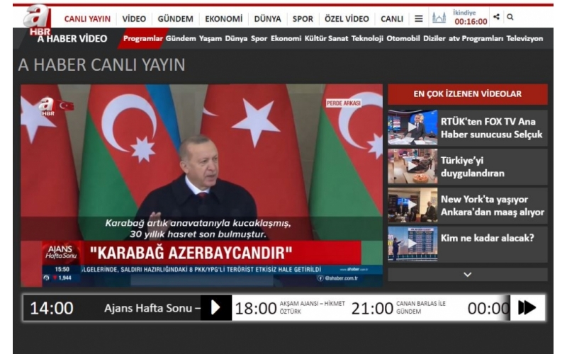 Turkish “A Haber” TV channel broadcasts special reportage on liberation of Karabakh from occupation