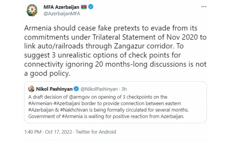 Azerbaijani MFA: Armenia should cease fake pretexts to evade from its commitments under Trilateral Statement of Nov 2020 to link auto/railroads through Zangazur corridor